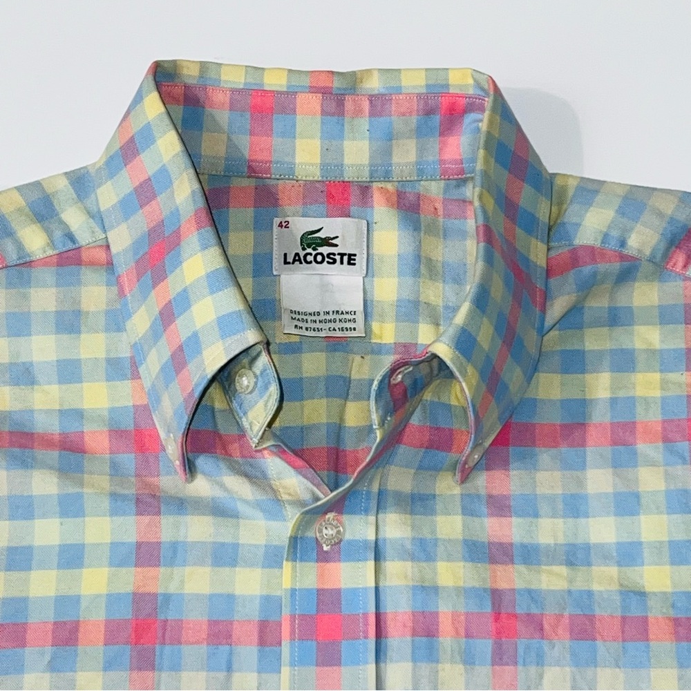 Lacoste Men's Pastel Check Button-Down Shirt - Yellow Blue Pink Easter Spring 42